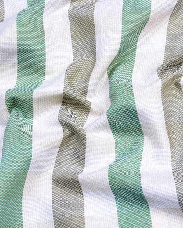 Green With Cream And Grey Dobby Weft Stripe Giza Cotton Shirt