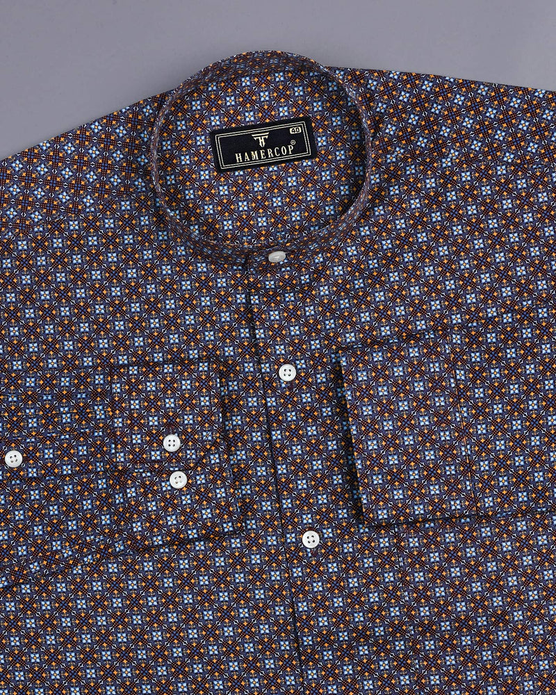 Brown With SkyBlue Ancient Geometrical Printed Cotton Shirt
