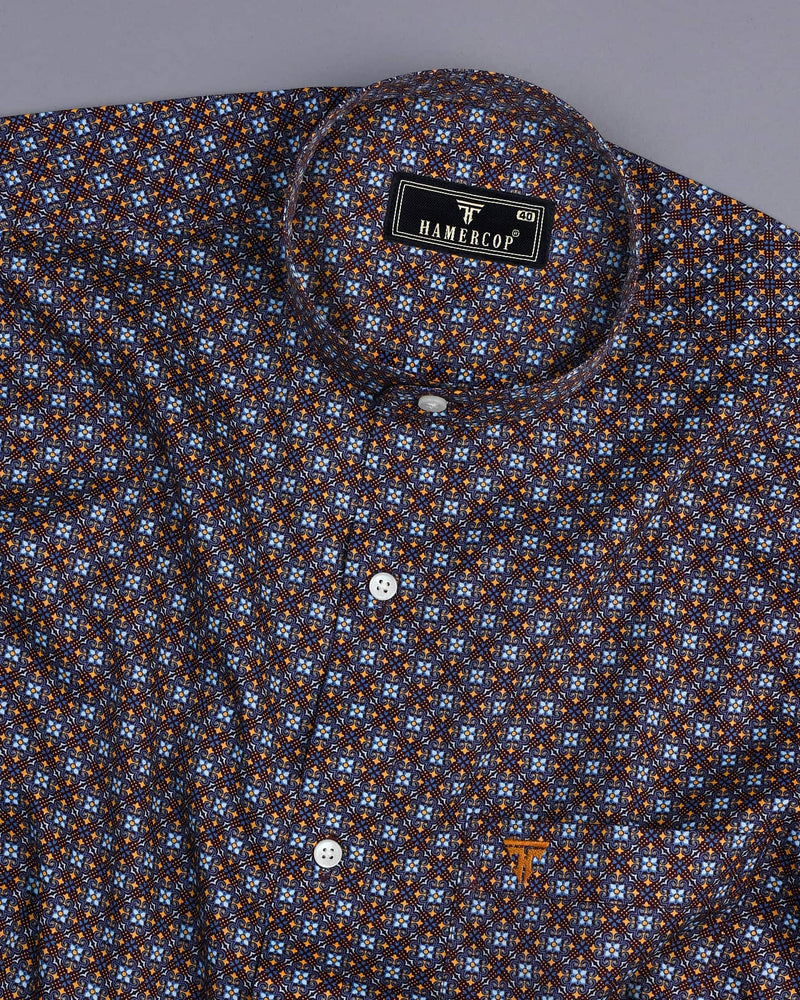 Brown With SkyBlue Ancient Geometrical Printed Cotton Shirt