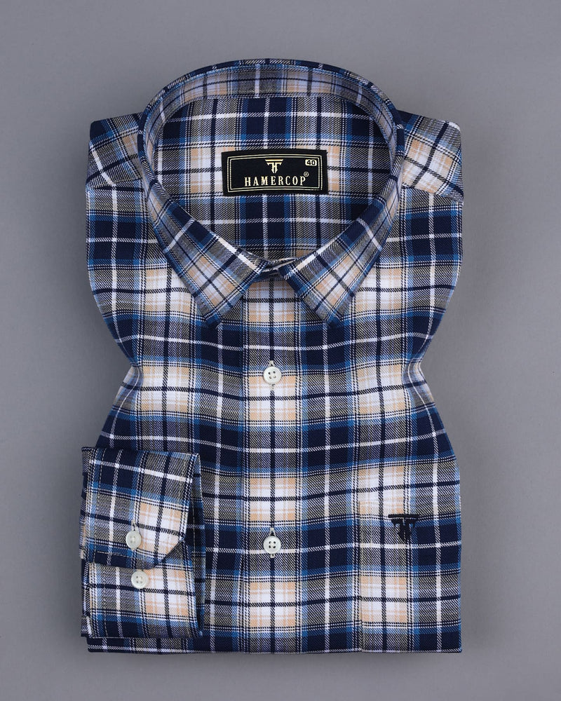 Bromin Blue With Cream Twill Check Cotton Shirt