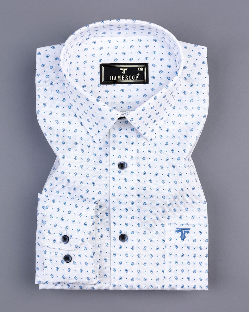 Skyblue With White Small Paisely Printed Dobby Cotton Shirt