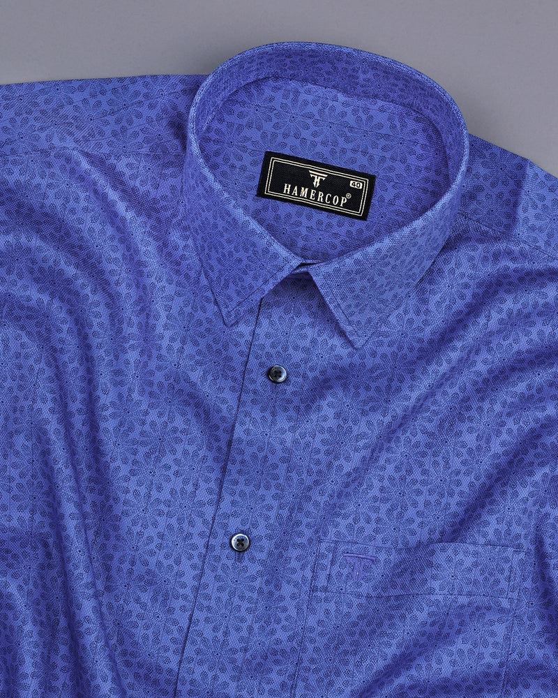 Revora Blue Flower Printed Self Stripe Dobby Cotton Shirt