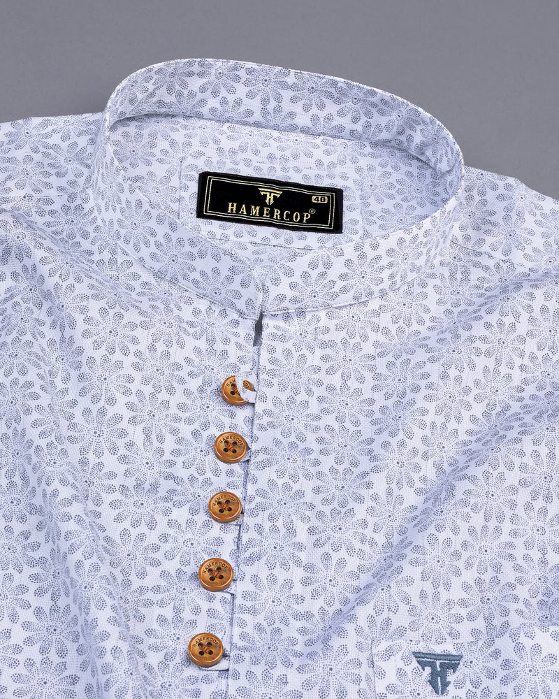 Revora White Flower Printed Dobby Cotton Shirt Style Kurta