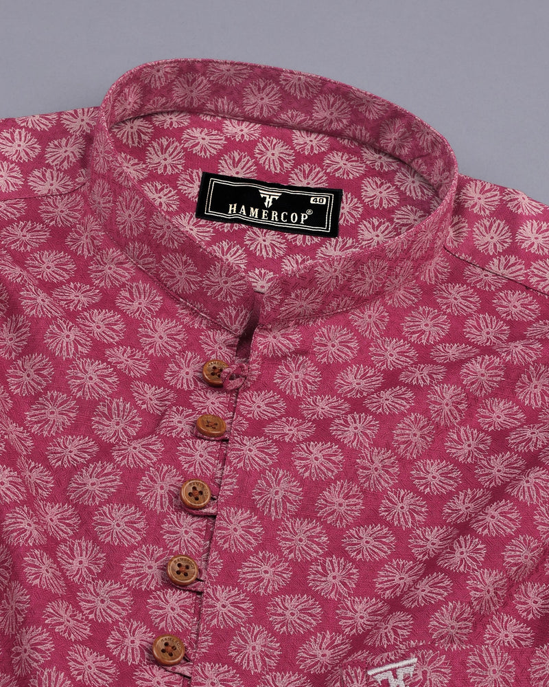 Pink Passion Flower Printed Dobby Cotton Shirt Style Kurta