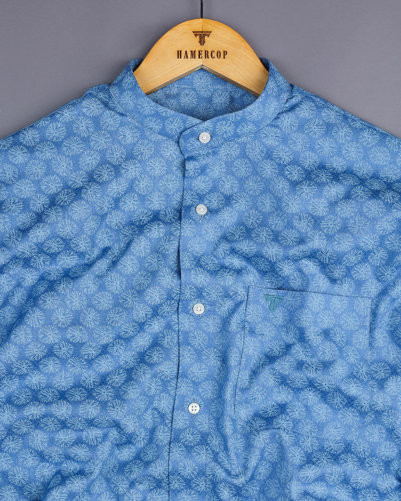Blue Passion Flower Printed Dobby Formal Cotton Shirt