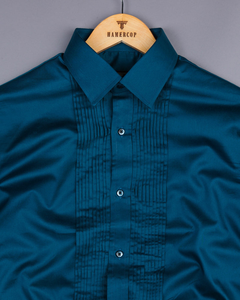 Peacock Blue Soft Touch Satin Designer Tuxedo Shirt