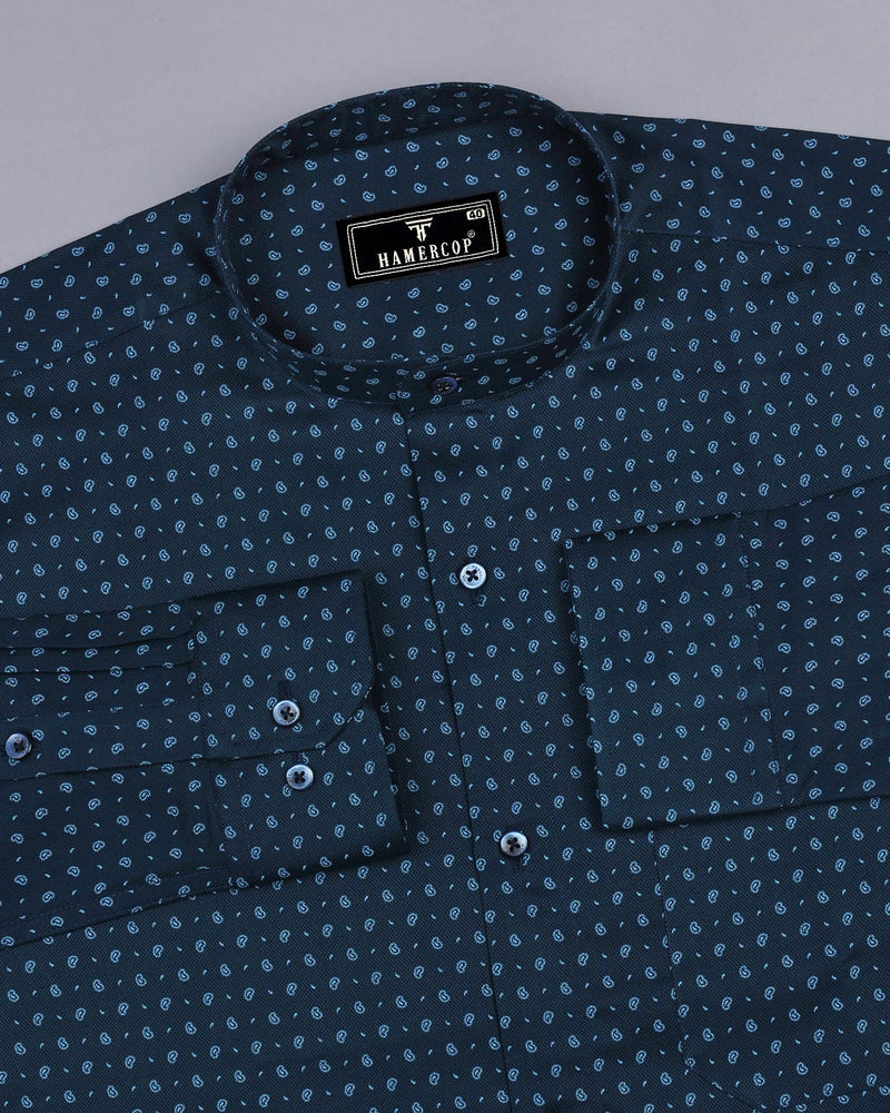 Navyblue With Skyblue Small Paisley Printed Dobby Cotton Shirt