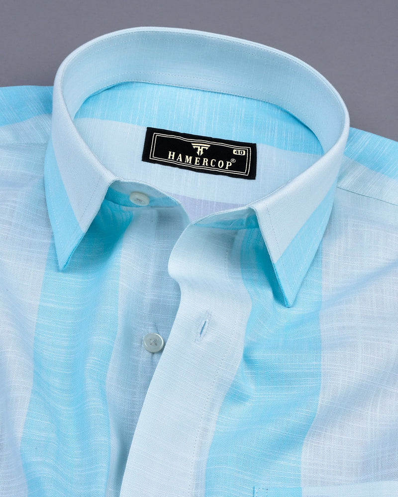 SkyBlue With Multi Color Broad Stripe Linen Cotton Shirt