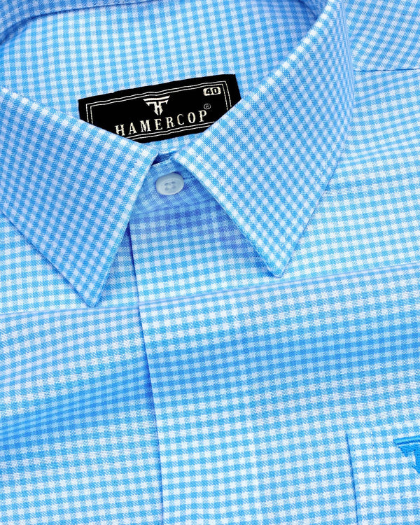 Lolo Aqua Blue With White Small Check Oxford Cotton Shirt