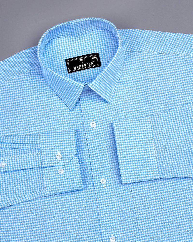 Lolo Aqua Blue With White Small Check Oxford Cotton Shirt