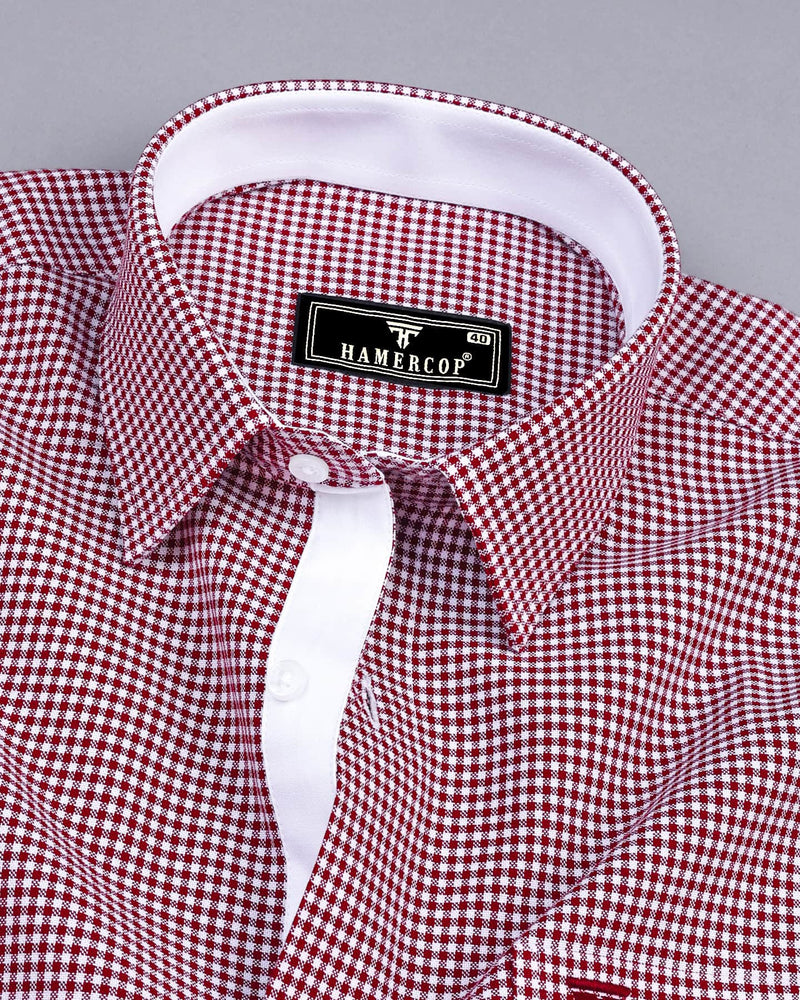 Lolo Maroon With White Small Check Oxford Cotton Shirt