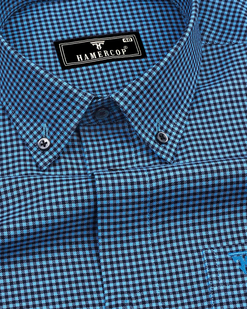 Lolo TurquoiseBlue With Black Small Check Oxford Cotton Shirt