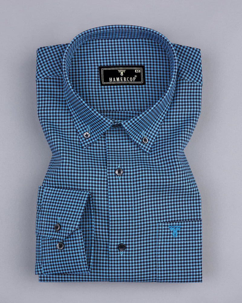 Lolo TurquoiseBlue With Black Small Check Oxford Cotton Shirt