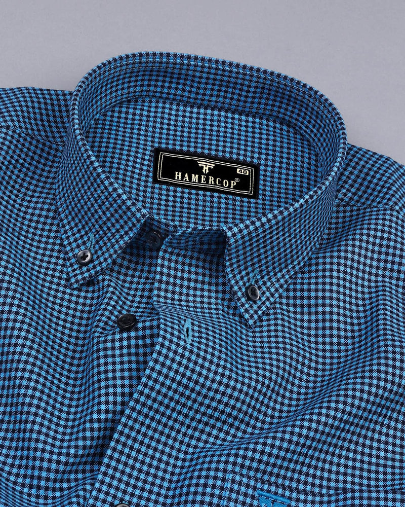 Lolo TurquoiseBlue With Black Small Check Oxford Cotton Shirt