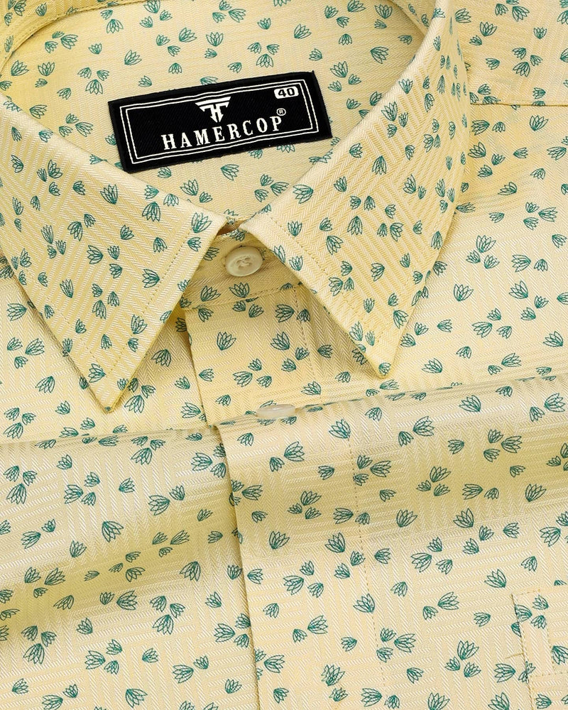 Thorium Light Yellow Printed Dobby Texture Cotton Shirt