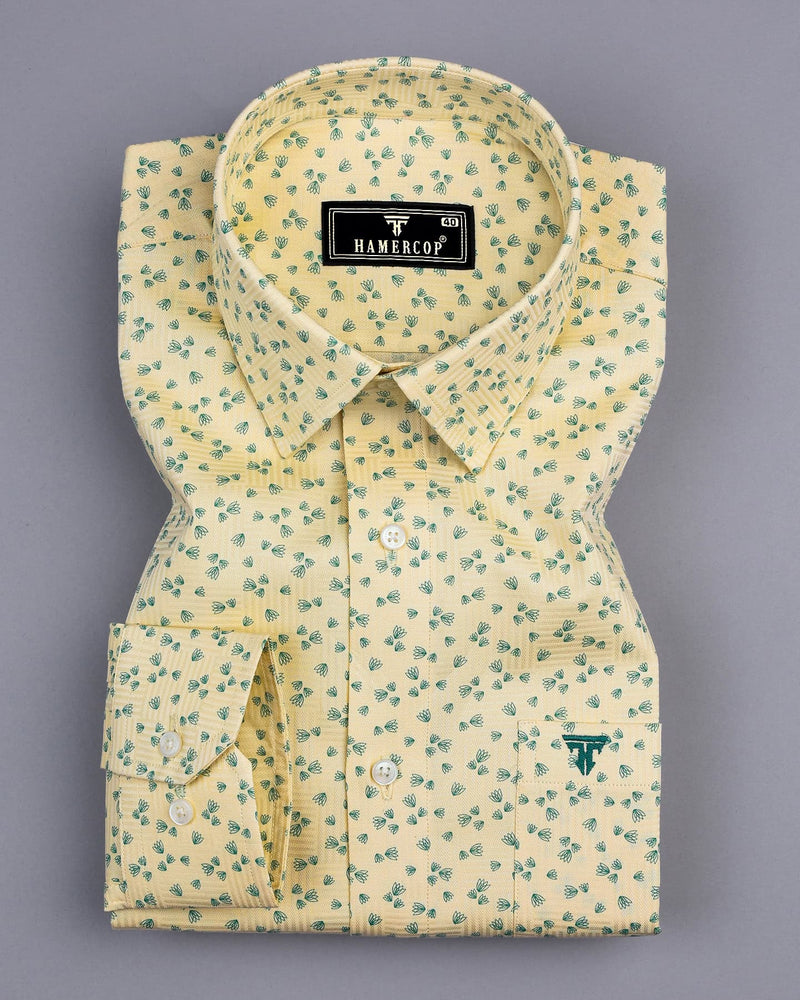 Thorium Light Yellow Printed Dobby Texture Cotton Shirt