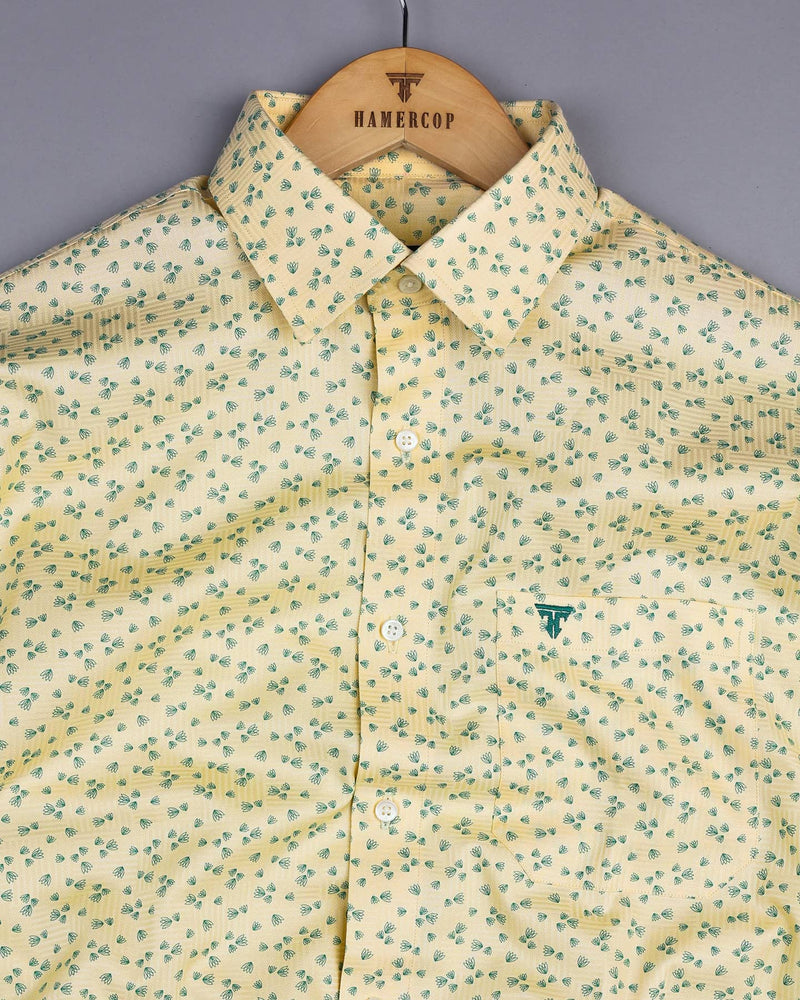 Thorium Light Yellow Printed Dobby Texture Cotton Shirt