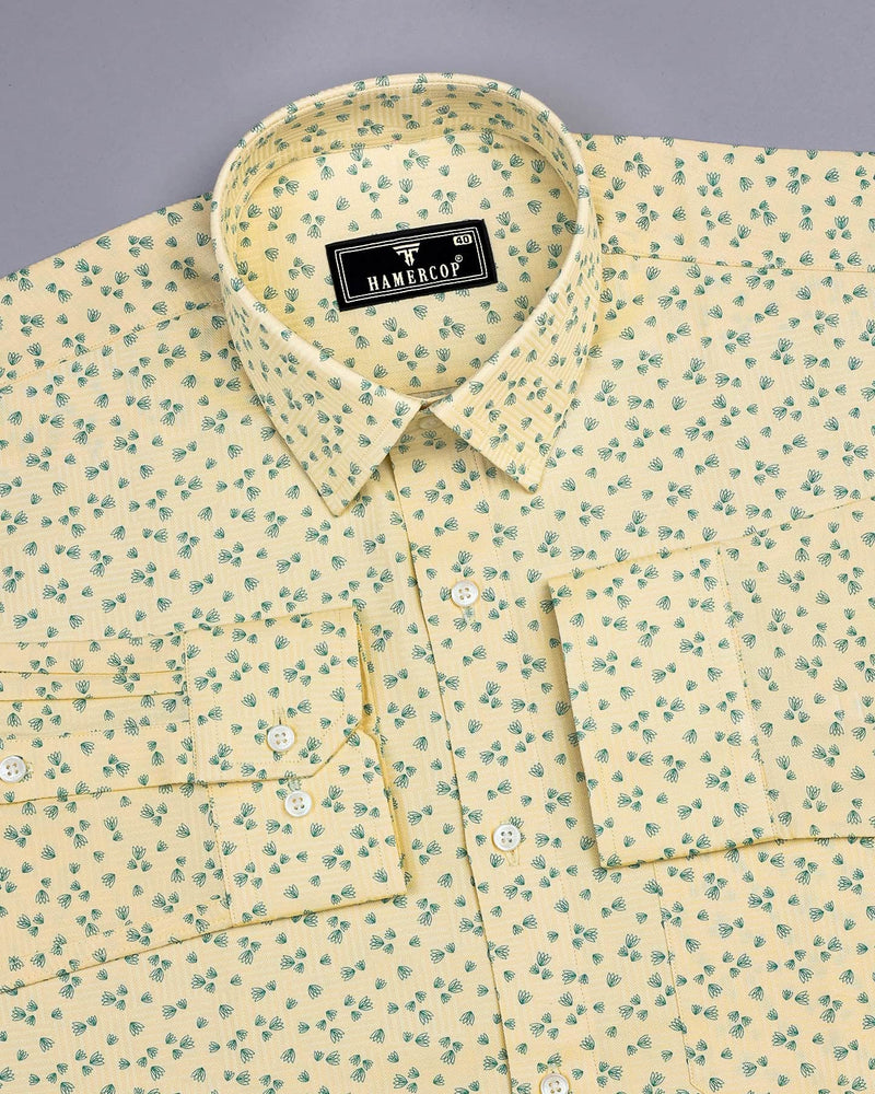 Thorium Light Yellow Printed Dobby Texture Cotton Shirt