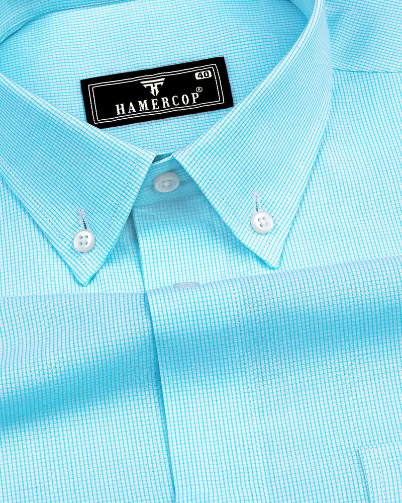 Aqua Blue Small Graph Check Formal Cotton Shirt