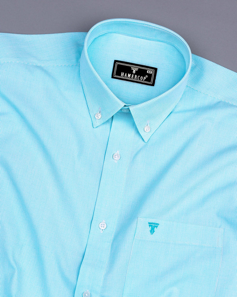 Aqua Blue Small Graph Check Formal Cotton Shirt