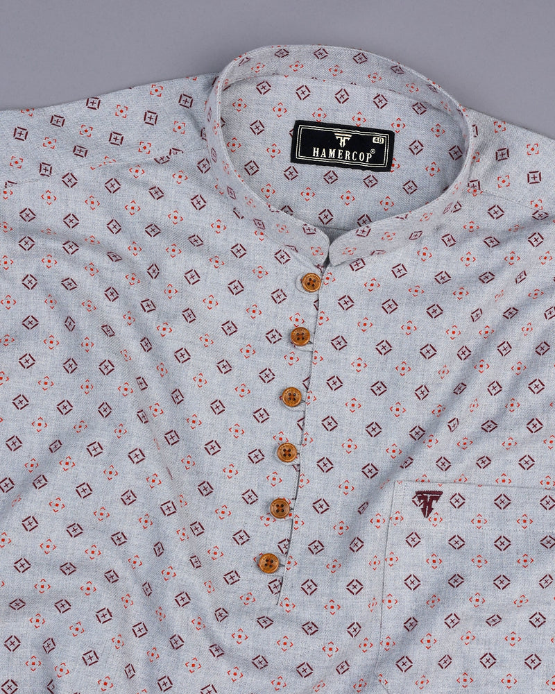 Stone Gray With Orange Printed Plaid Flannel Shirt Style Kurta