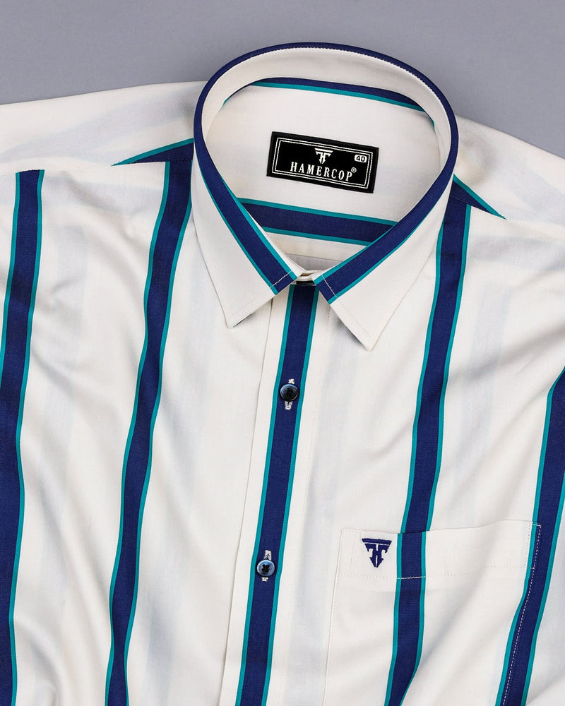 Cream With Blue Twill Broad Stripe Premium Cotton Shirt