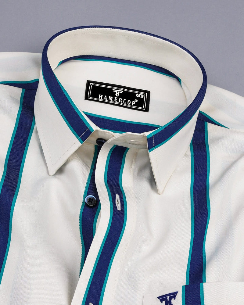 Cream With Blue Twill Broad Stripe Premium Cotton Shirt