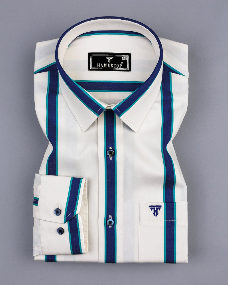 Cream With Blue Twill Broad Stripe Premium Cotton Shirt