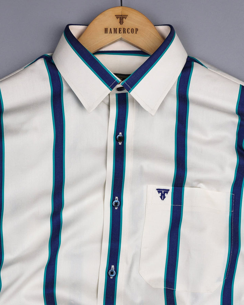 Cream With Blue Twill Broad Stripe Premium Cotton Shirt