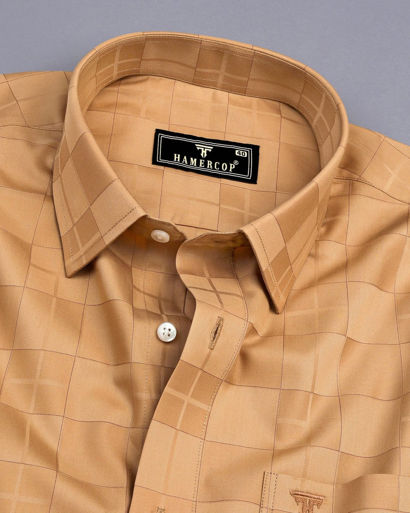 Tan Brown Dobby Check Giza Cotton Formal Shirt