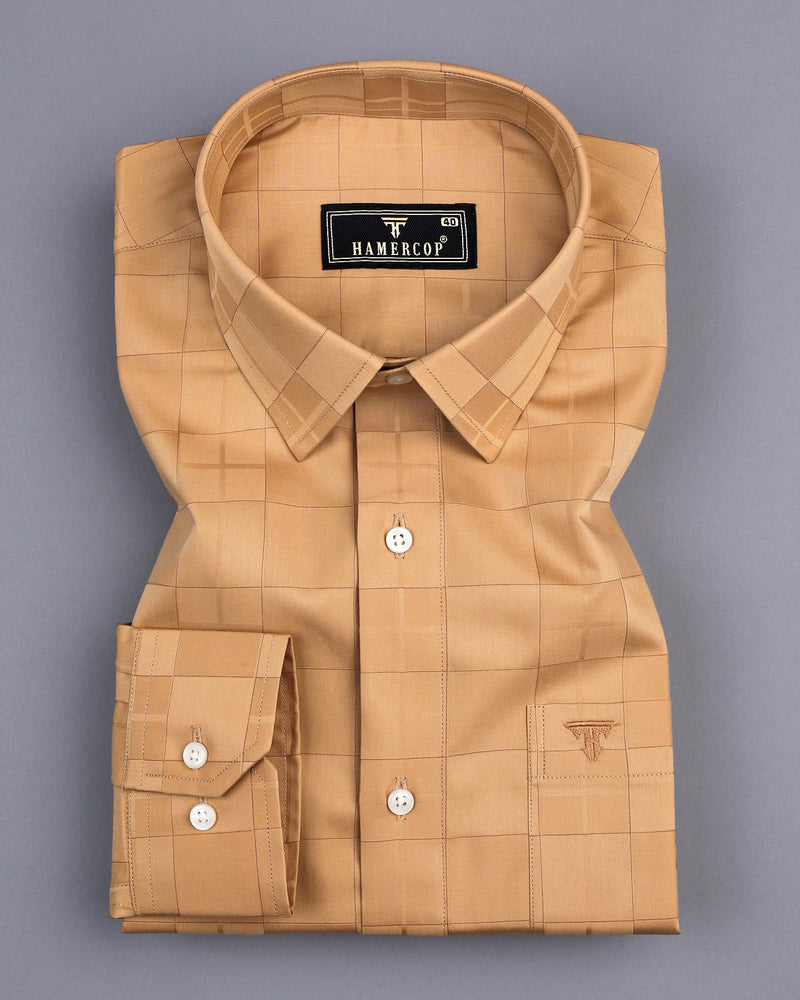 Tan Brown Dobby Check Giza Cotton Formal Shirt