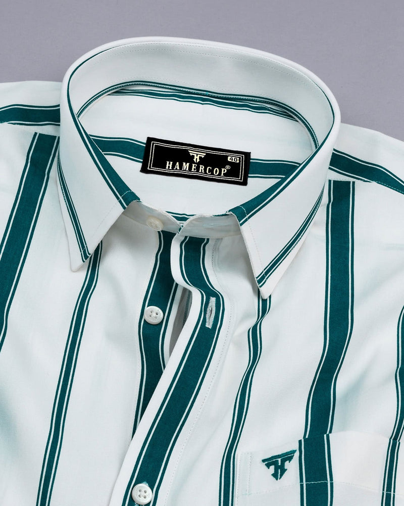 White With Peacock Green Stripe Formal Cotton Shirt