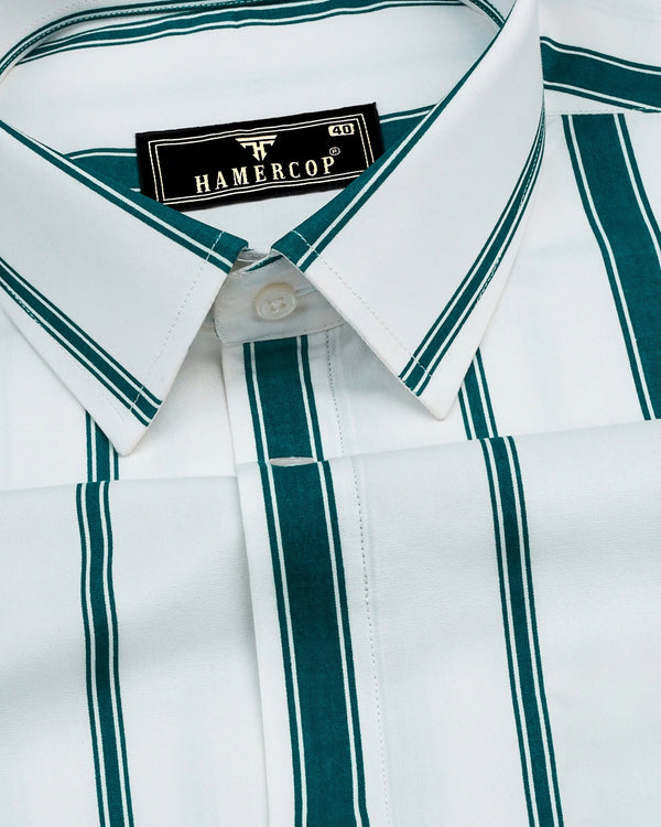 White With Peacock Green Stripe Formal Cotton Shirt