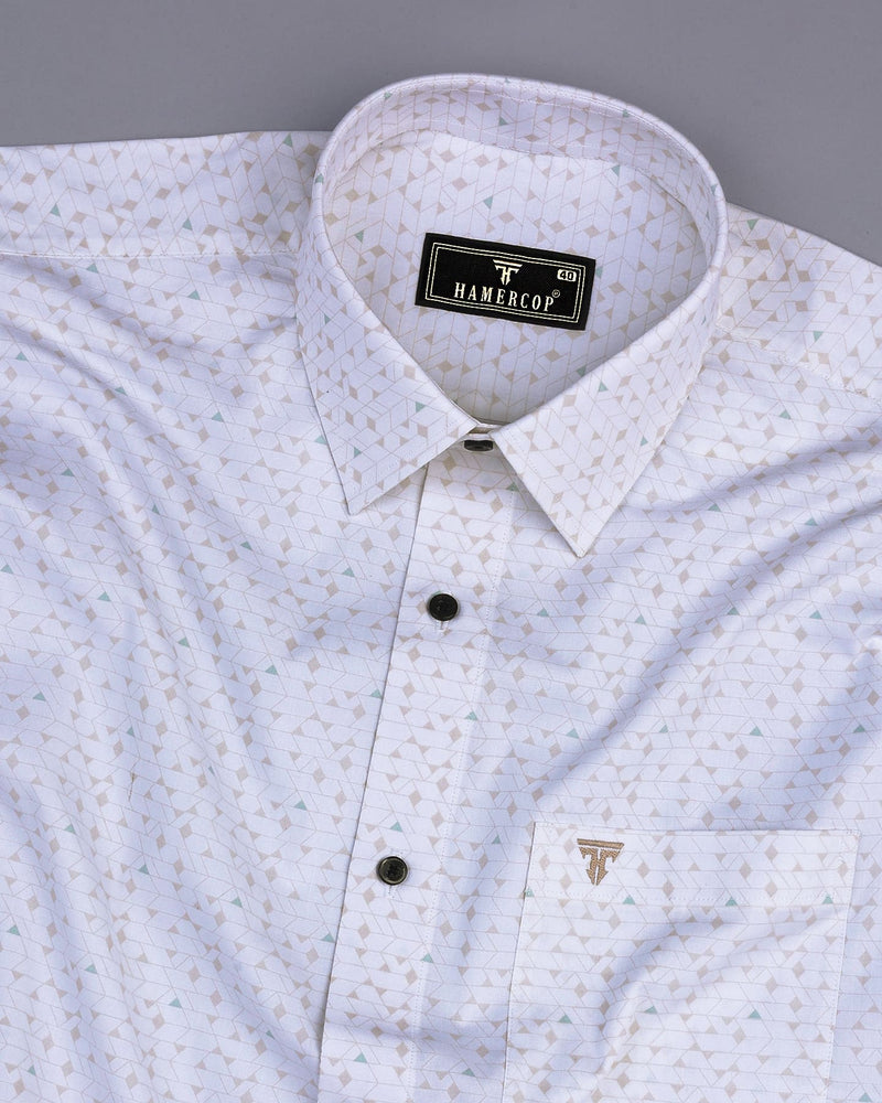 Fluffy White With Cream Tringle Printed Cotton Formal Shirt
