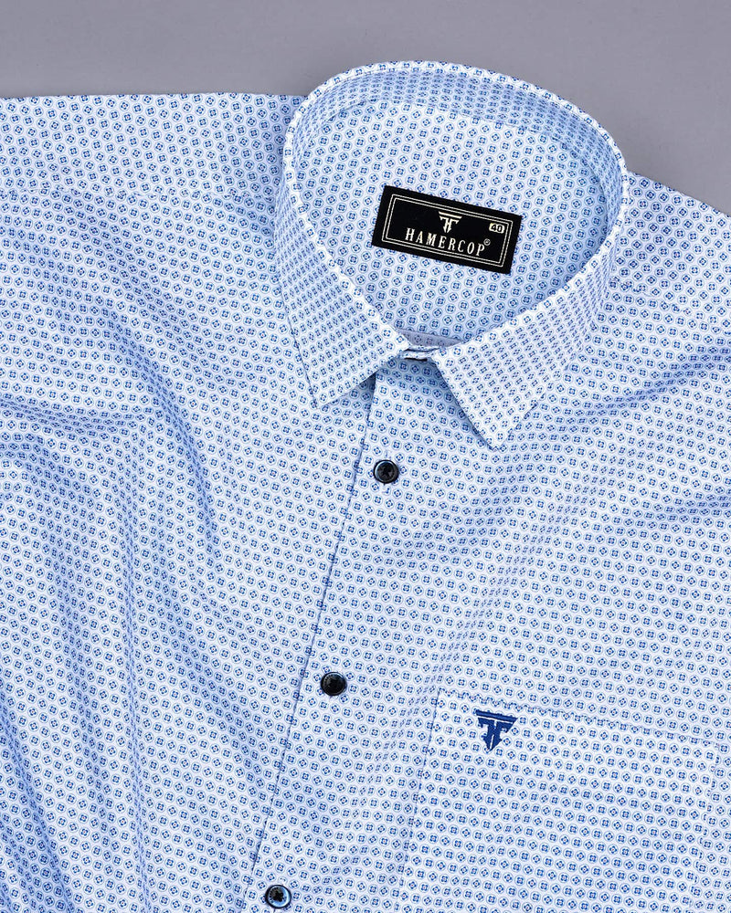 Hebron Blue Poplin Printed White Cotton Shirt