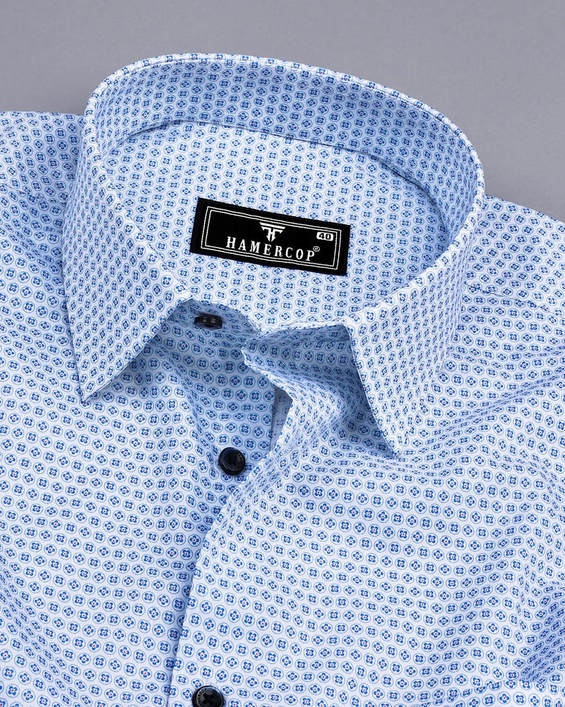 Hebron Blue Poplin Printed White Cotton Shirt