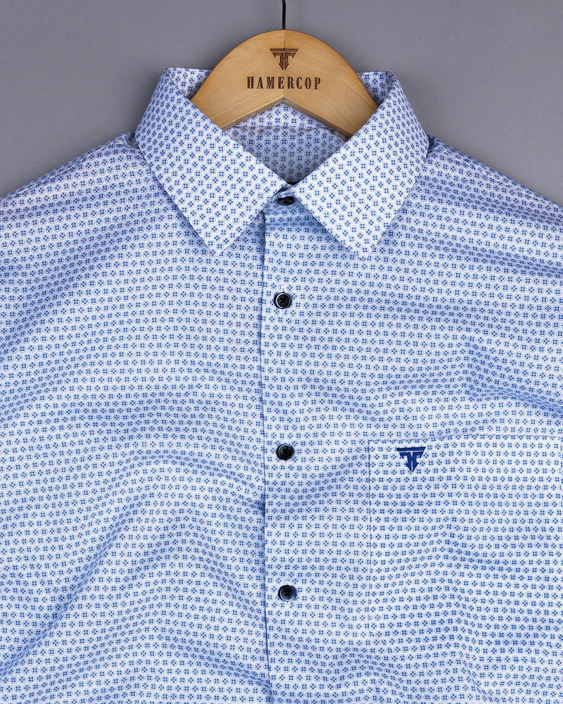 Hebron Blue Poplin Printed White Cotton Shirt