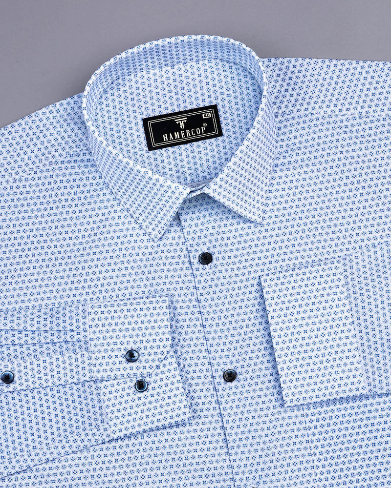 Hebron Blue Poplin Printed White Cotton Shirt