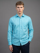 Aqua Blue Plaid Flannel Cotton Solid Formal Shirt