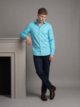 Aqua Blue Plaid Flannel Cotton Solid Formal Shirt