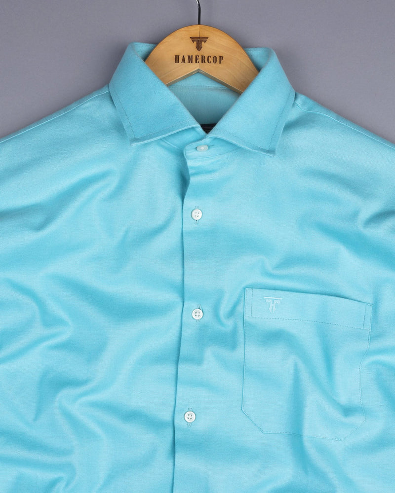 Aqua Blue Plaid Flannel Cotton Solid Formal Shirt