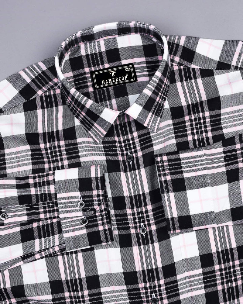 Black With Pink Twill Check Plaid Flannel Cotton Shirt