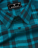 Persian Green With Black Twill Check Plaid Flannel Cotton Shirt