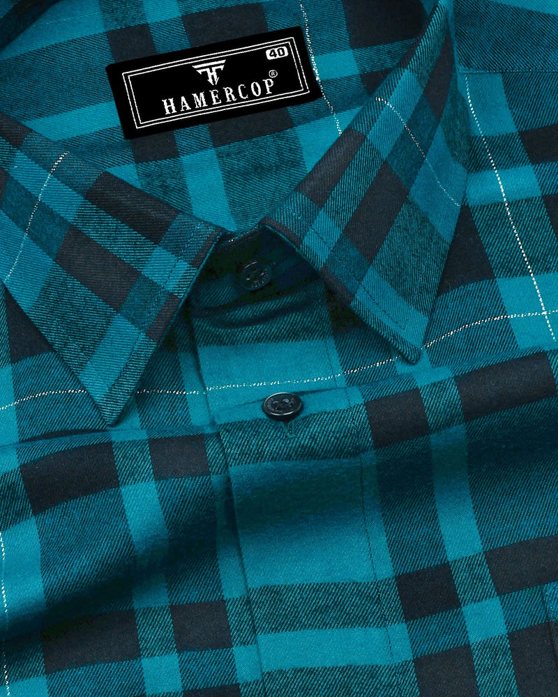 Persian Green With Black Twill Check Plaid Flannel Cotton Shirt