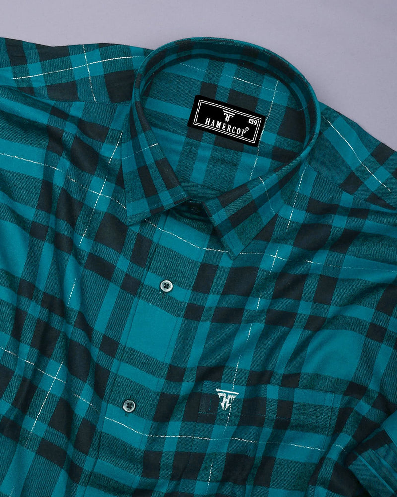 Persian Green With Black Twill Check Plaid Flannel Cotton Shirt