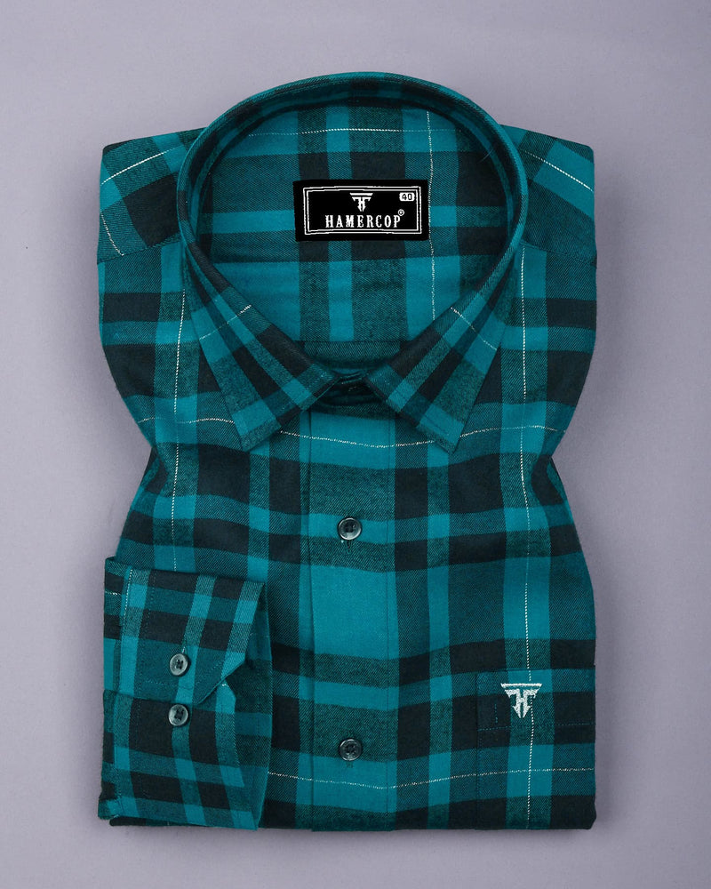 Persian Green With Black Twill Check Plaid Flannel Cotton Shirt