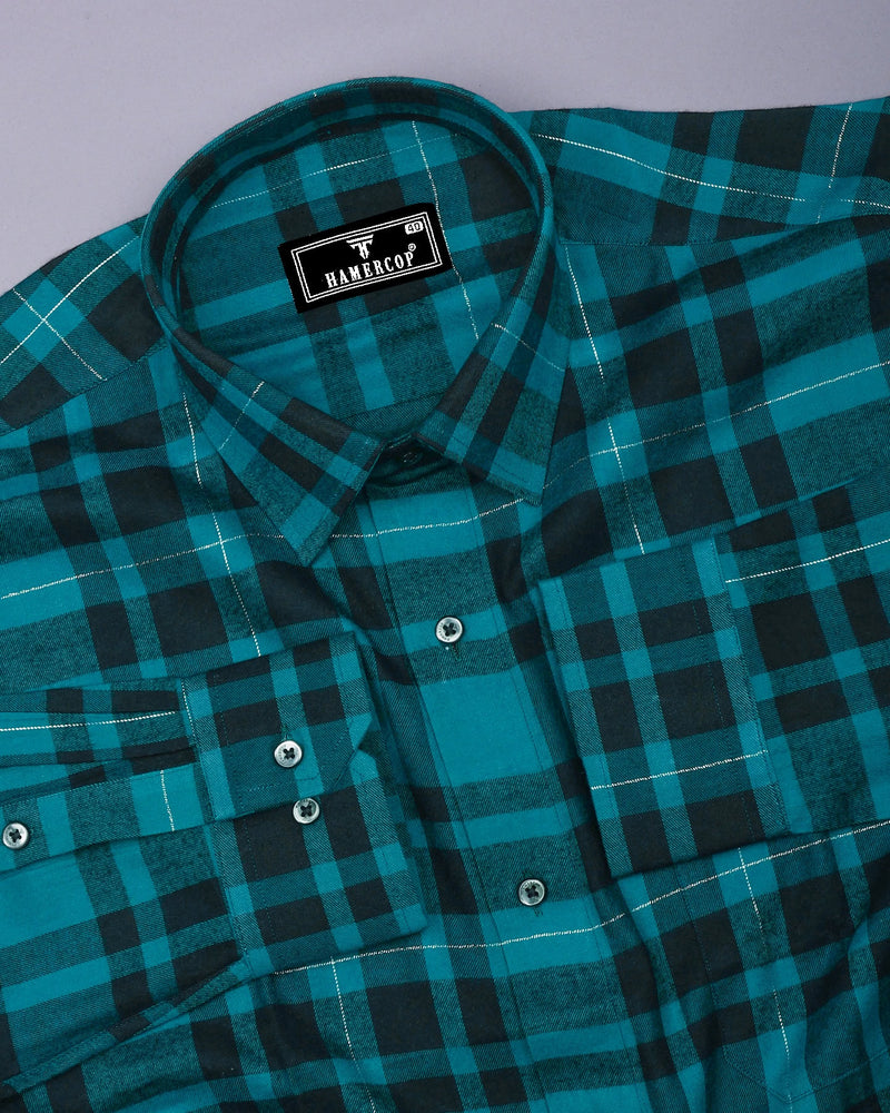Persian Green With Black Twill Check Plaid Flannel Cotton Shirt