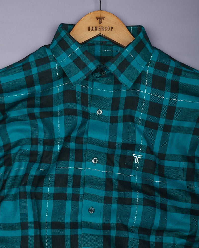 Persian Green With Black Twill Check Plaid Flannel Cotton Shirt