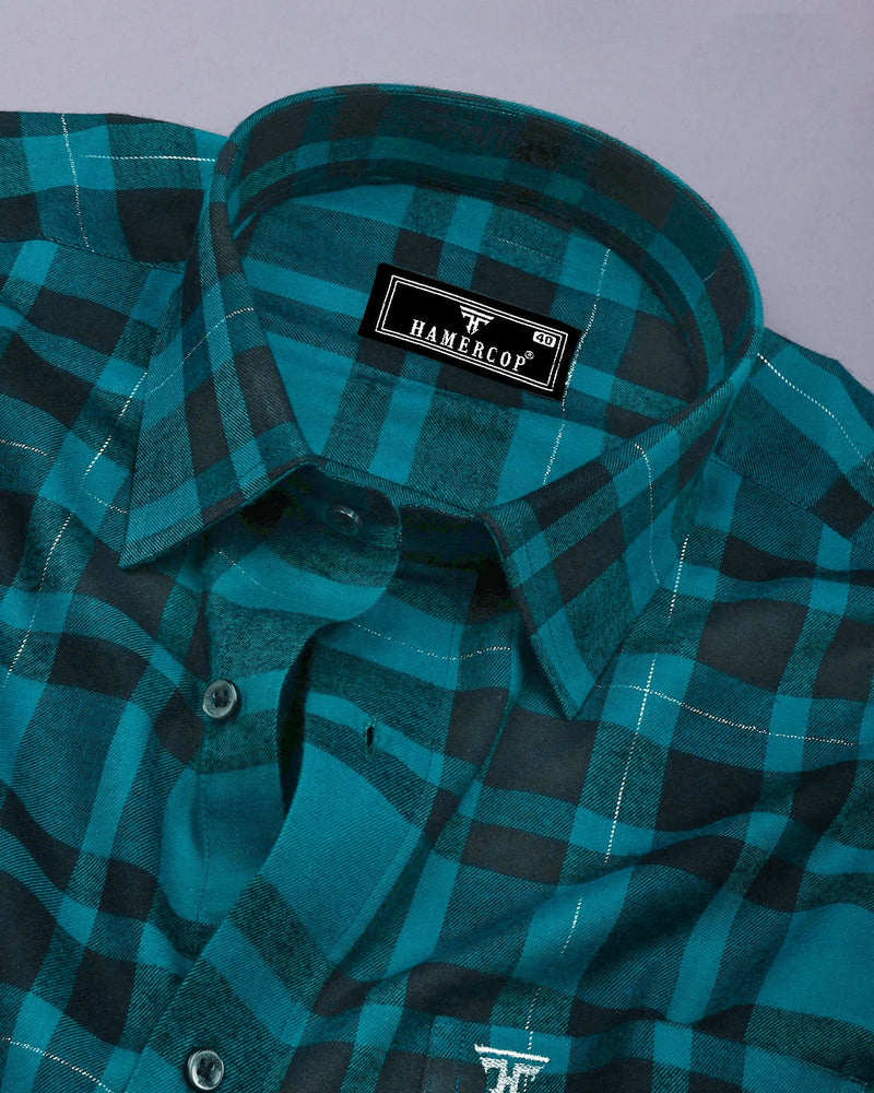 Persian Green With Black Twill Check Plaid Flannel Cotton Shirt