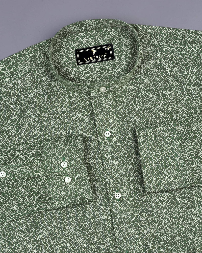 Kiwi Green With Cream Printed Cotton Shirt